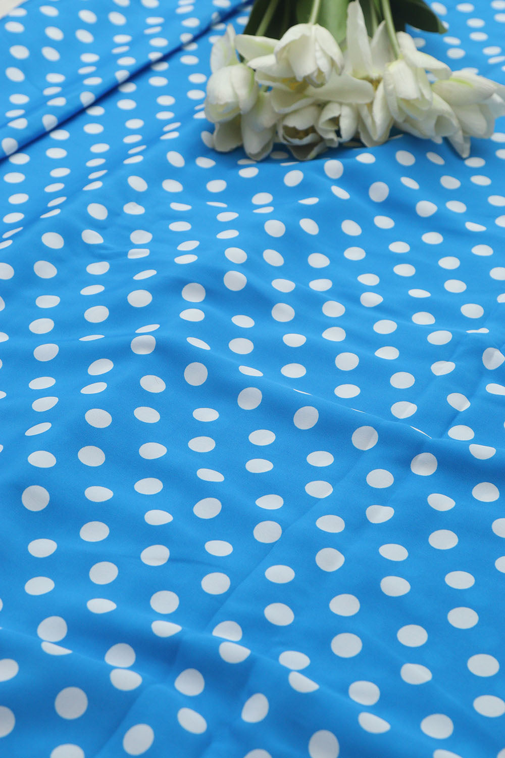 Blue Digital Printed Crepe Polka Dot Fabric ( 1 Mtr ) - Luxurion World