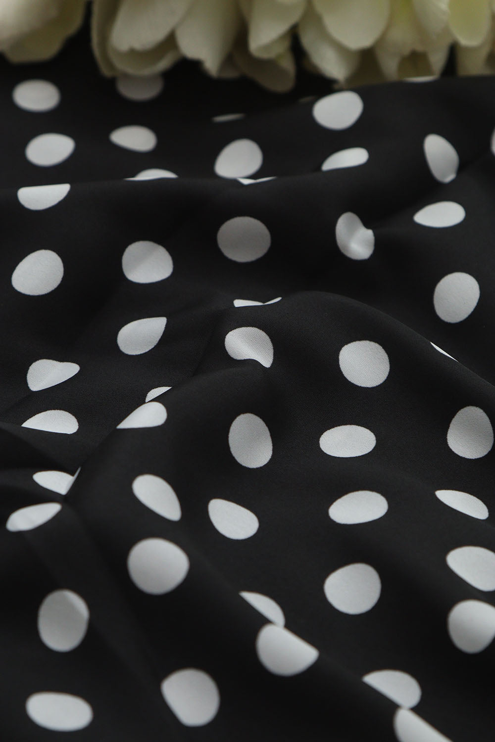 Black Digital Printed Crepe Polka Dot Fabric ( 1 Mtr ) - Luxurion World