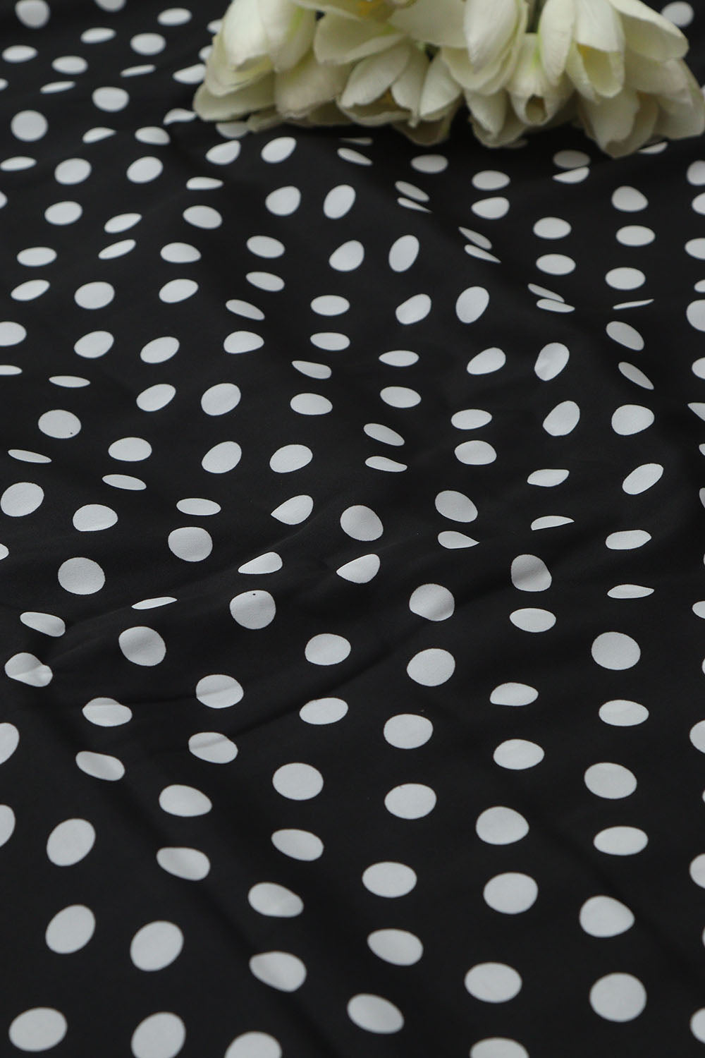 Black Digital Printed Crepe Polka Dot Fabric ( 1 Mtr ) - Luxurion World