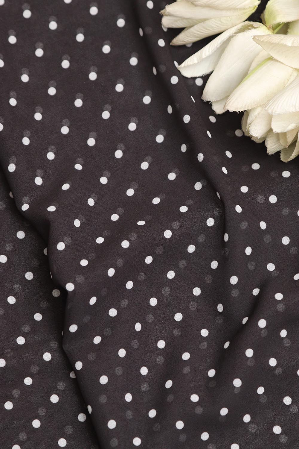 Black Digital Printed Crepe Polka Dot Fabric ( 1 Mtr ) - Luxurion World