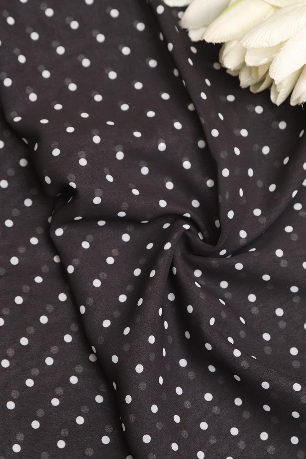 Black Digital Printed Crepe Polka Dot Fabric ( 1 Mtr ) - Luxurion World