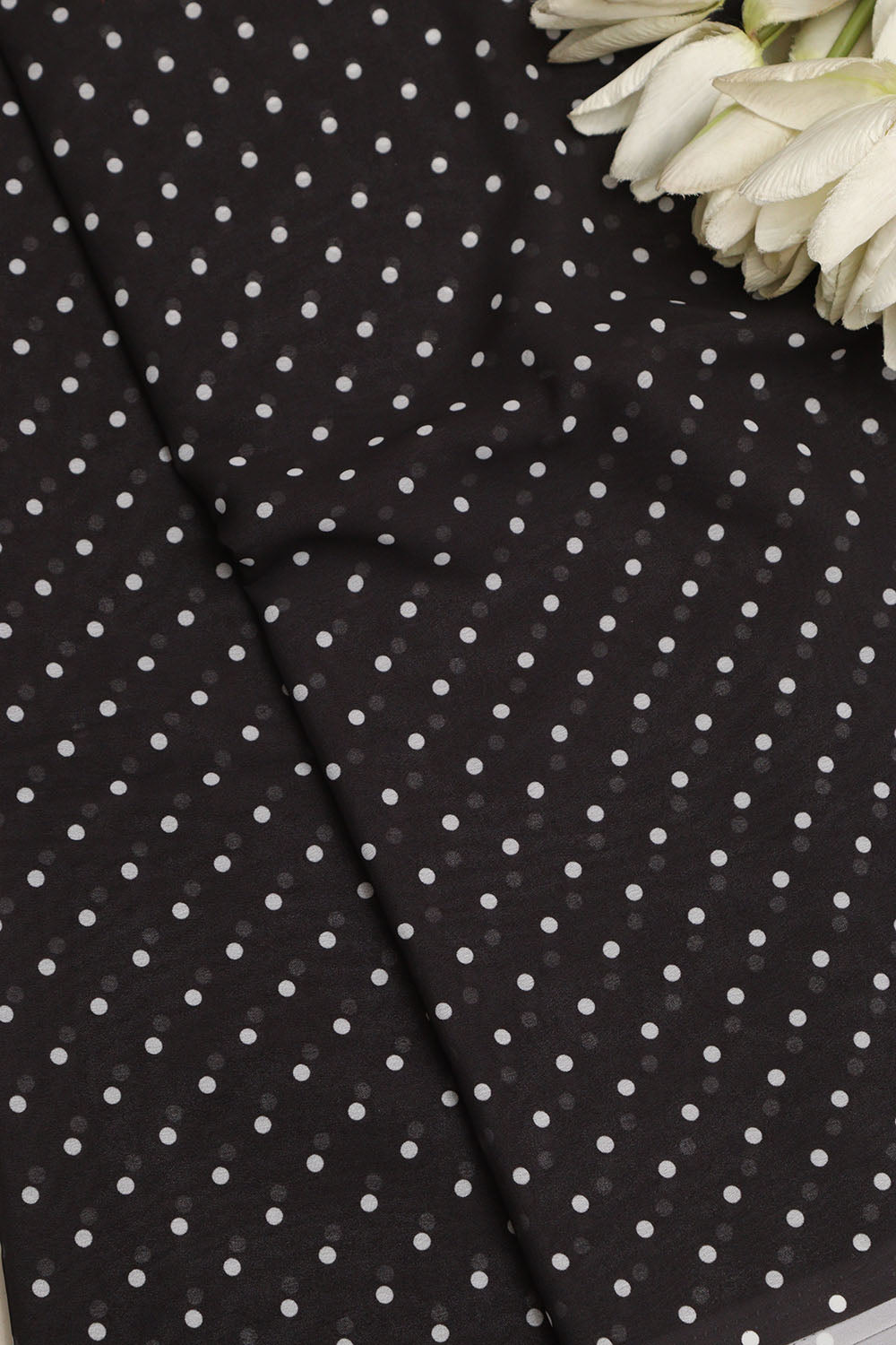 Black Digital Printed Crepe Polka Dot Fabric ( 1 Mtr ) - Luxurion World
