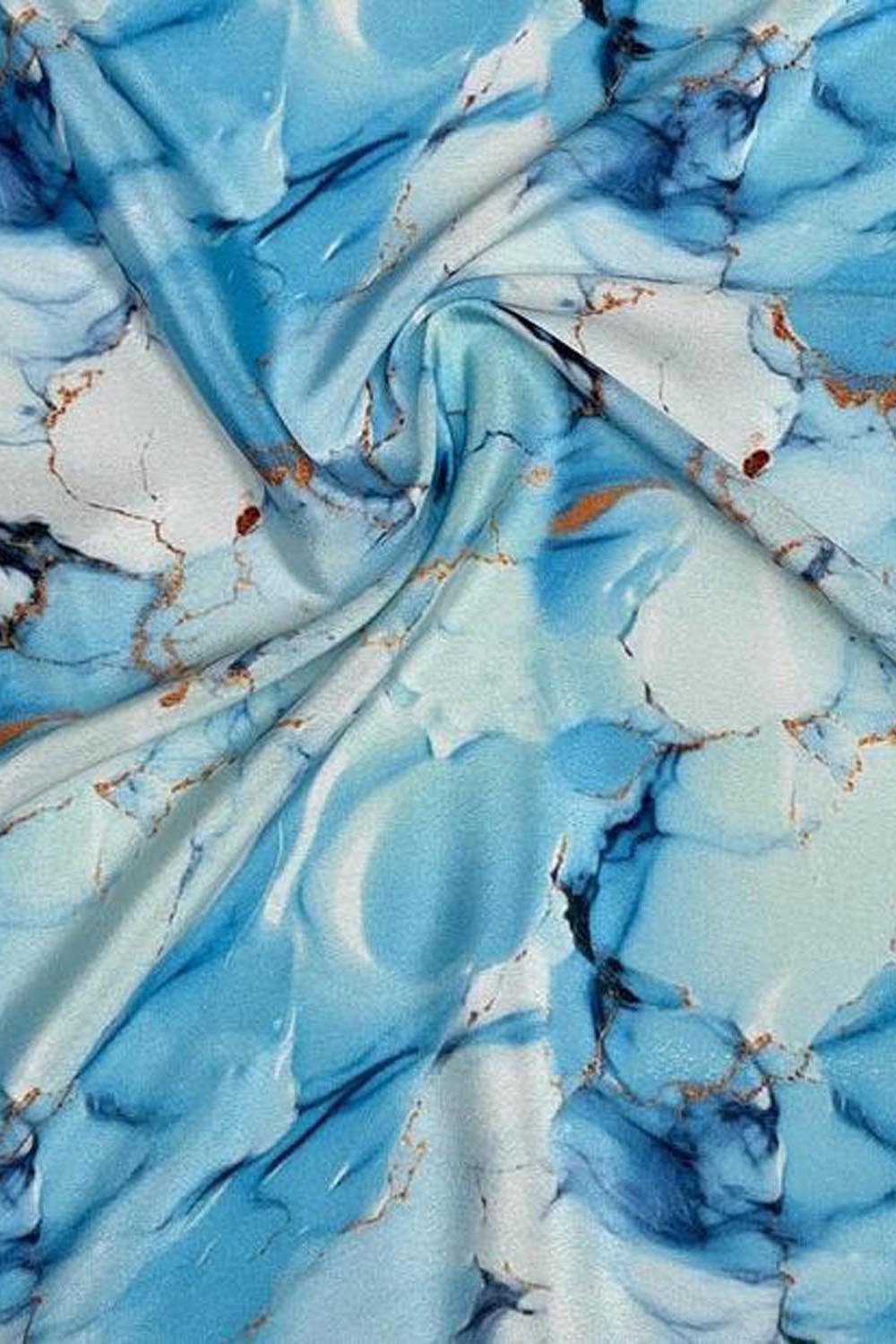 Blue Digital Printed Crepe Fabric — Marble Motif, Everyday Luxury