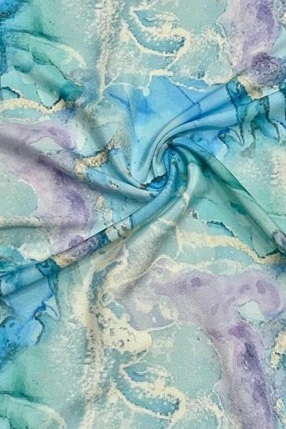 Blue Digital Printed Crepe Fabric — Abstract Marble, Versatile Wear