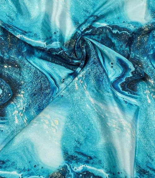 Blue Digital Printed Crepe Fabric — Layered Marble, Artisan Craft