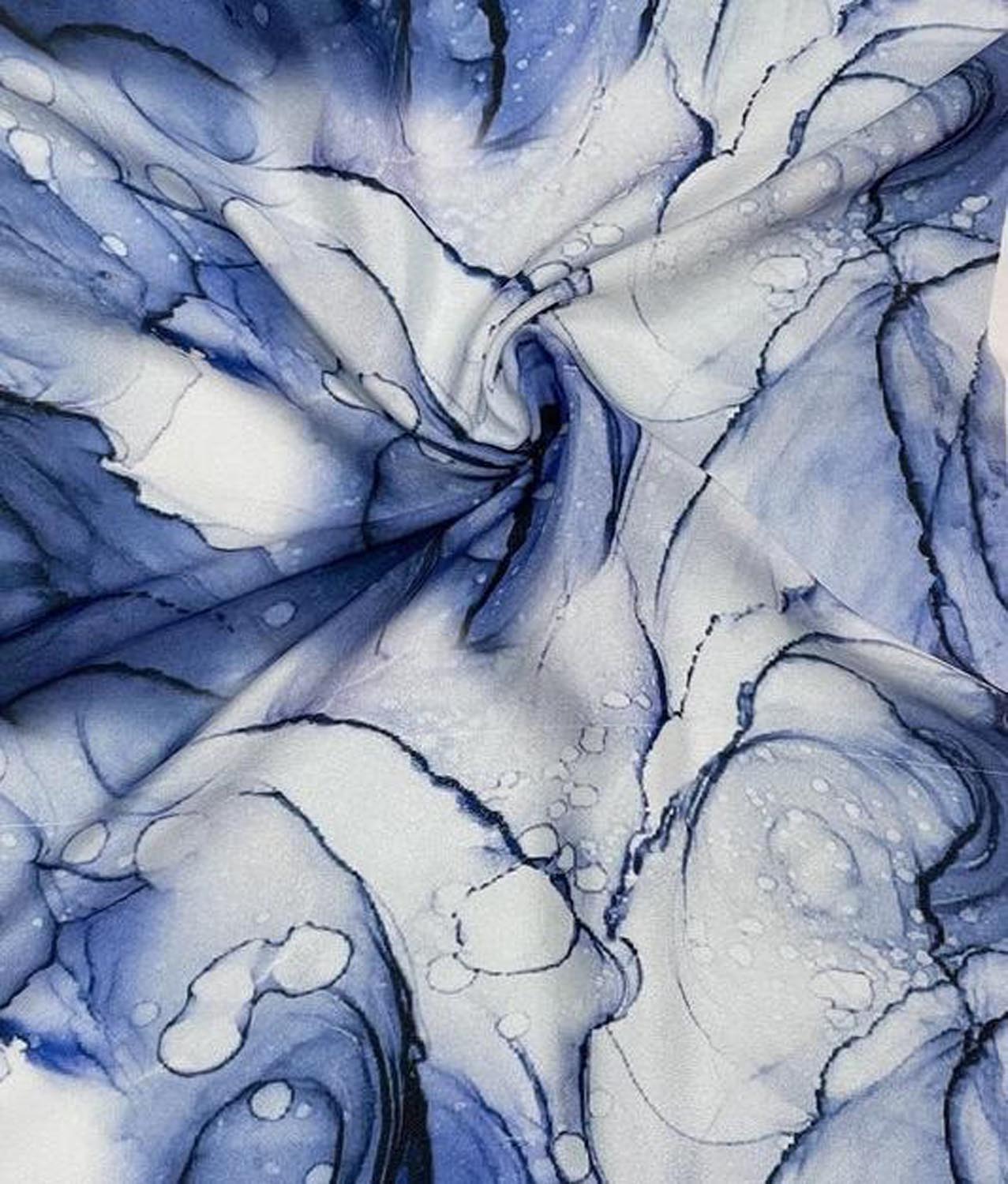 Blue Digital Printed Crepe Fabric — Ink Marble, Signature Style