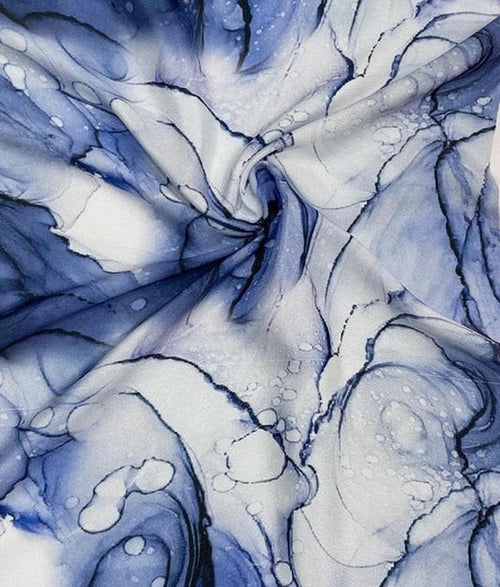 Blue Digital Printed Crepe Fabric — Ink Marble, Signature Style