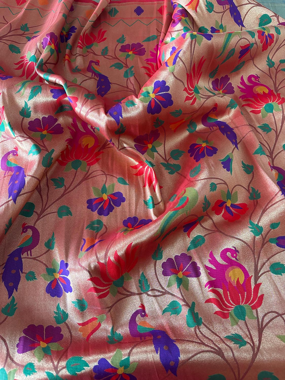 Golden Paithani Brocade Silk Peacock Design Fabric ( 2.5 Mtr ) - Luxurion World