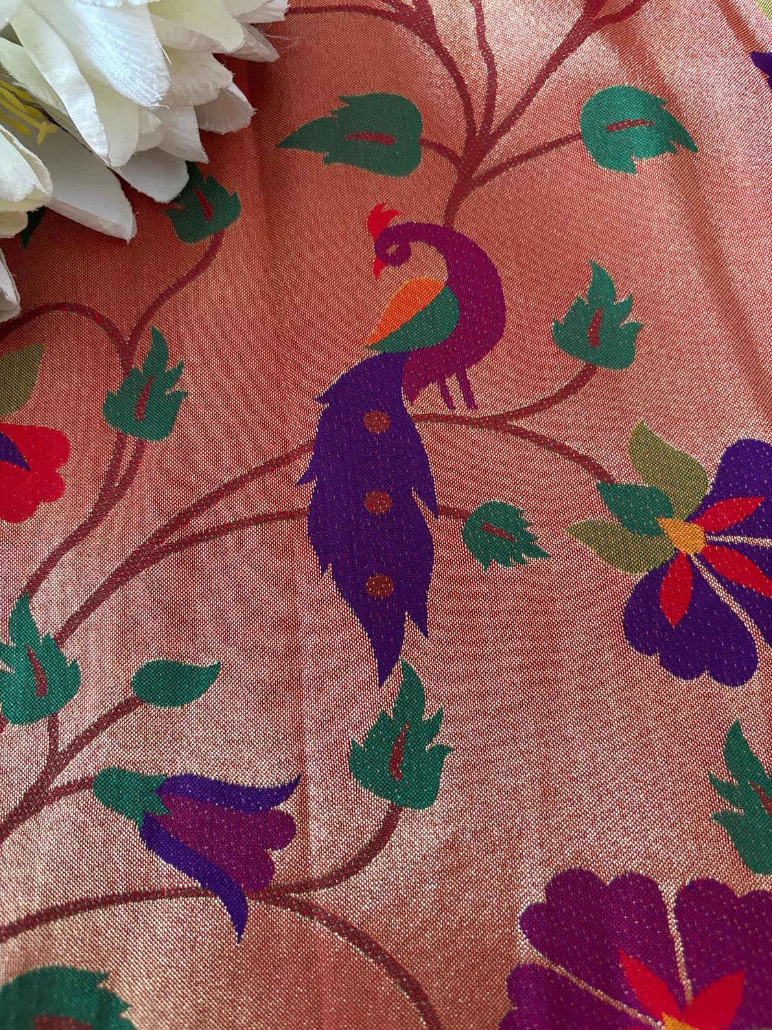Golden Paithani Brocade Silk Peacock Design Fabric ( 2.5 Mtr ) - Luxurion World