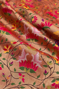 Golden Paithani Brocade Silk Flower Design Fabric ( 1 Mtr ) - Luxurion World