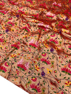 Golden Paithani Brocade Silk Flower Design Fabric ( 1 Mtr ) - Luxurion World