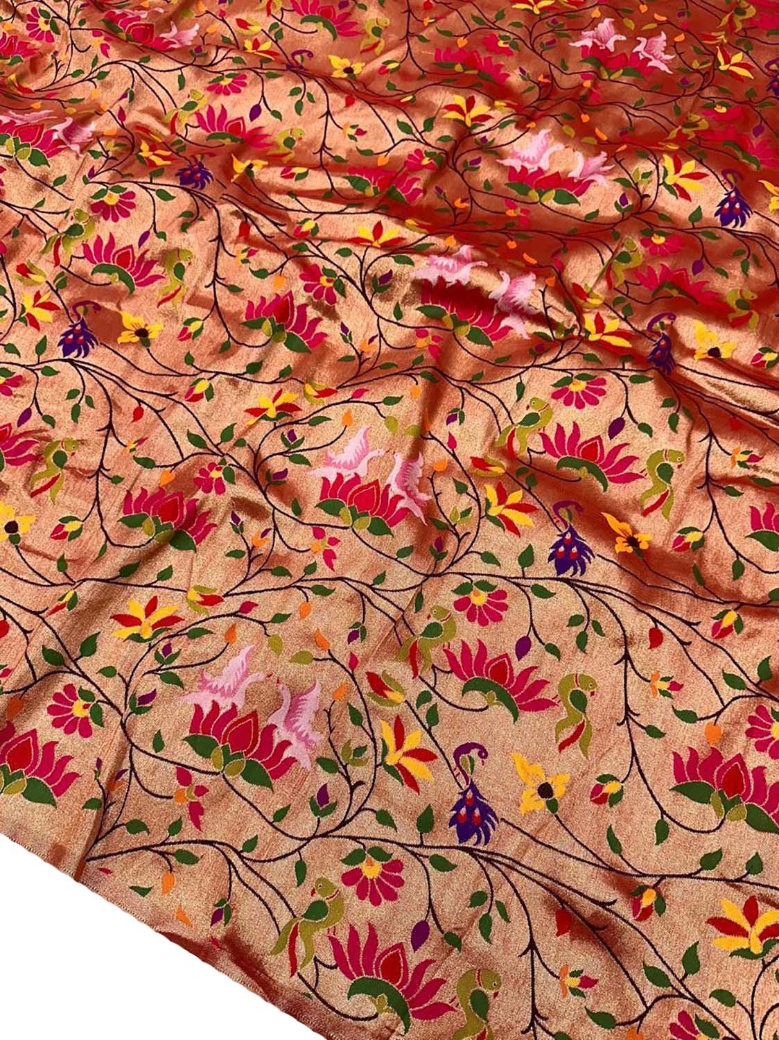 Golden Paithani Brocade Silk Flower Design Fabric ( 1 Mtr ) - Luxurion World