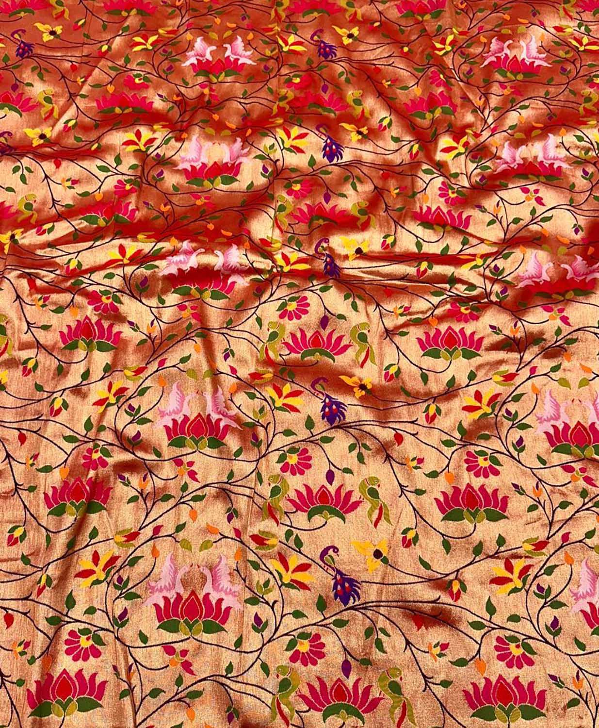 Golden Paithani Brocade Silk Flower Design Fabric ( 1 Mtr ) - Luxurion World