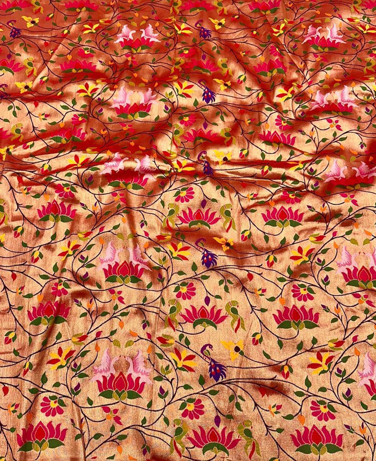 Golden Paithani Brocade Silk Flower Design Fabric ( 1 Mtr ) - Luxurion World