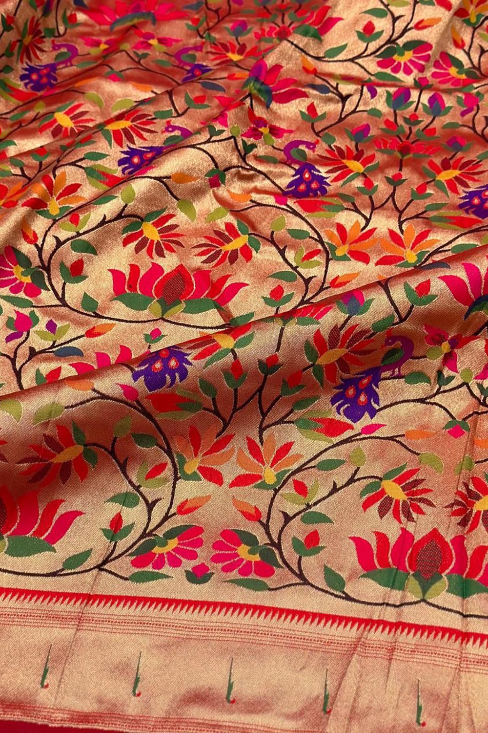 Golden Paithani Brocade Silk Flower Design Fabric ( 1 Mtr ) - Luxurion World