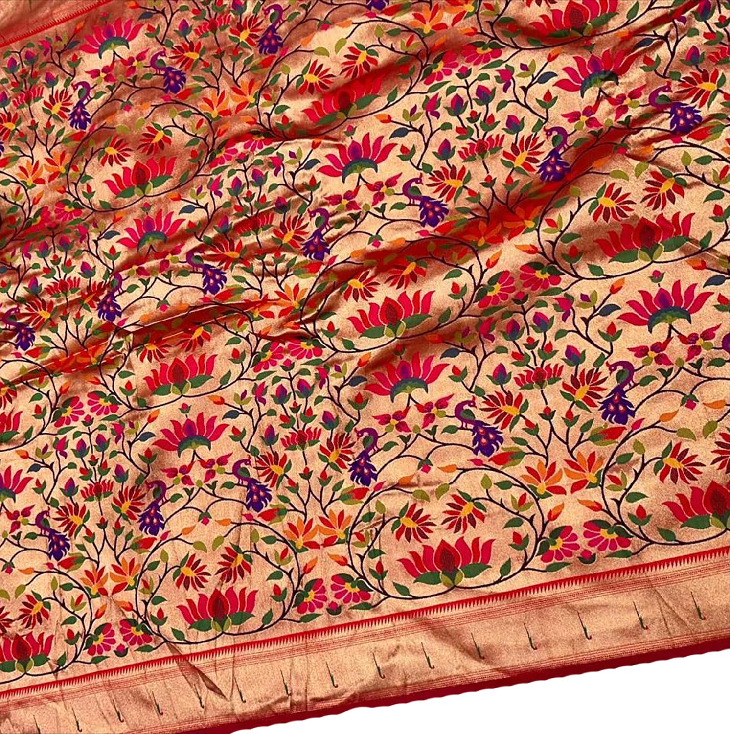 Golden Paithani Brocade Silk Flower Design Fabric ( 1 Mtr ) - Luxurion World