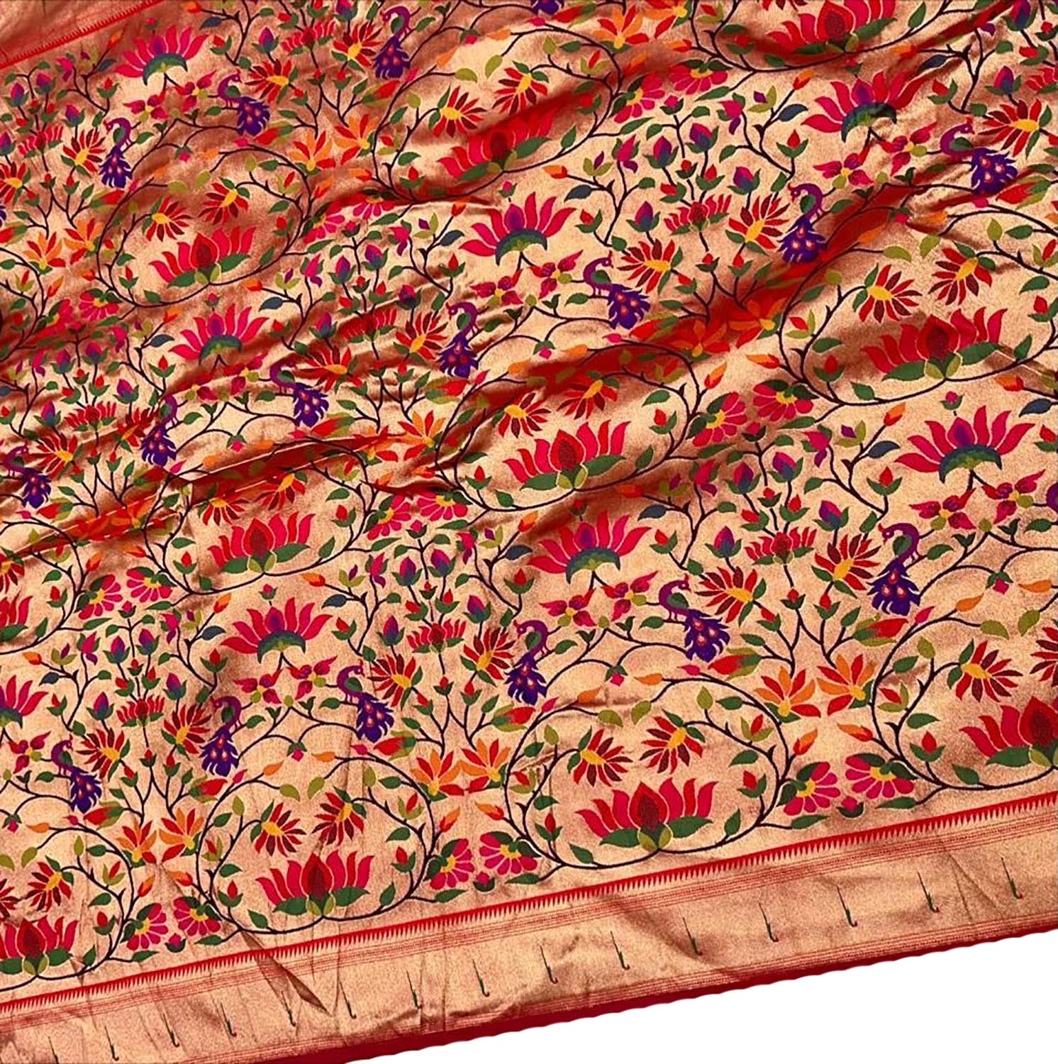 Golden Paithani Brocade Silk Flower Design Fabric ( 1 Mtr ) - Luxurion World