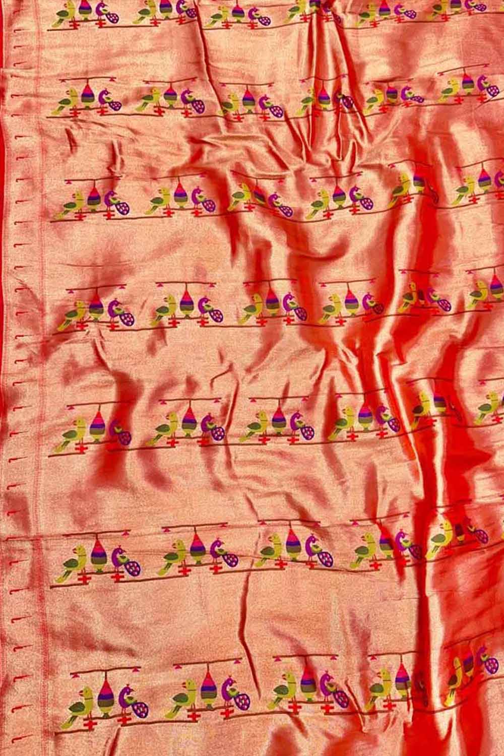 Golden Paithani Brocade Silk Peacock & Parrot Fabric (1 Mtr) - Luxurion World