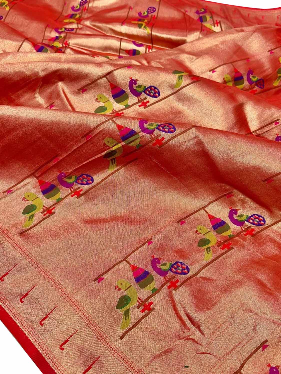 Golden Paithani Brocade Silk Peacock & Parrot Fabric (1 Mtr) - Luxurion World