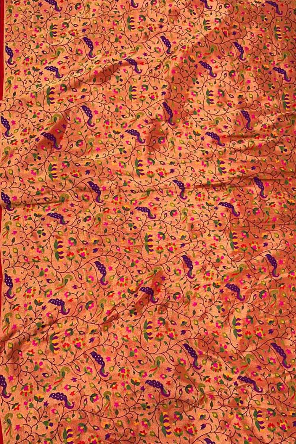Golden Paithani Brocade Silk Peacock And Flower Design Fabric ( 1 Mtr ) - Luxurion World