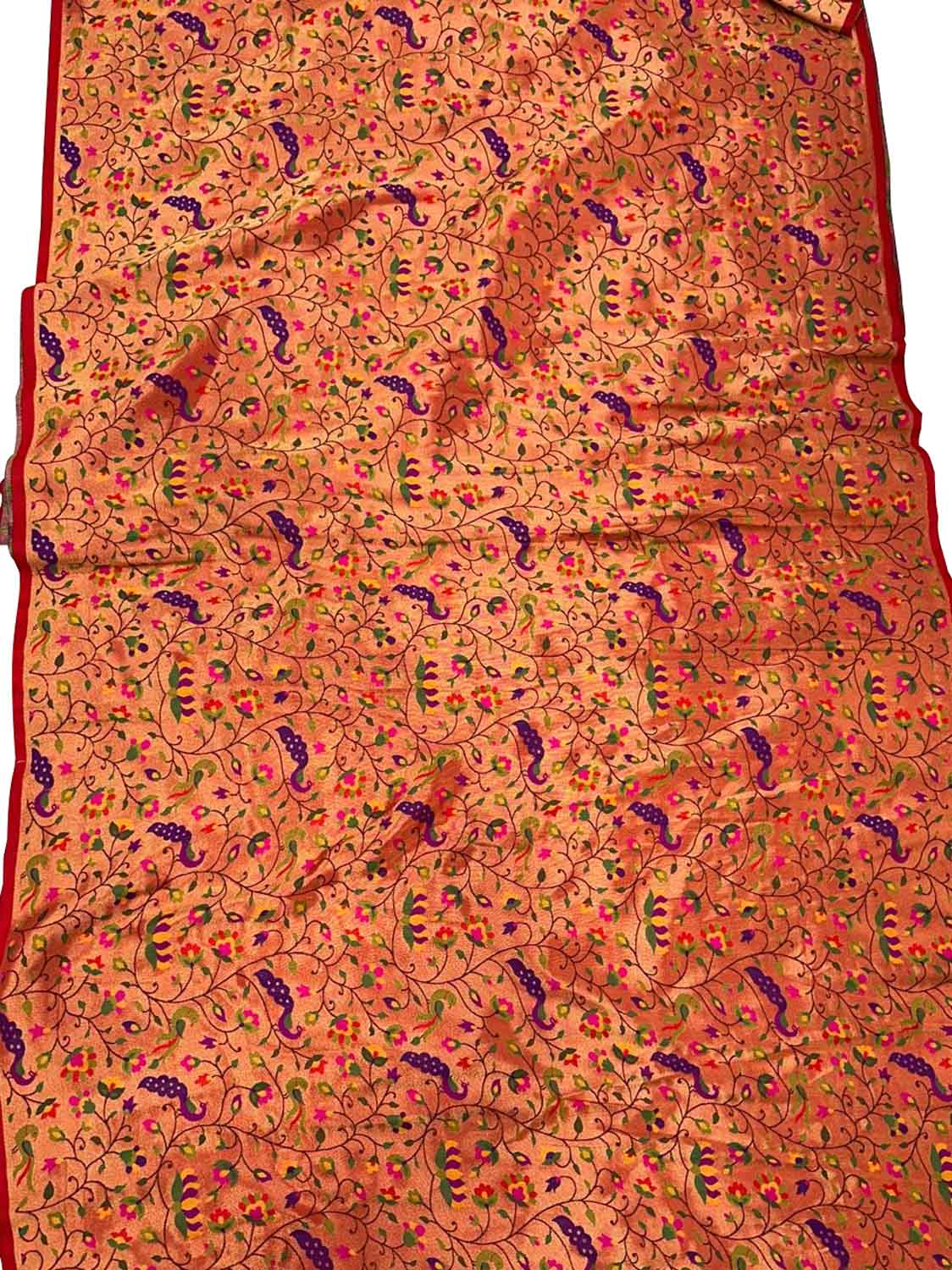 Golden Paithani Brocade Silk Peacock And Flower Design Fabric ( 1 Mtr ) - Luxurion World