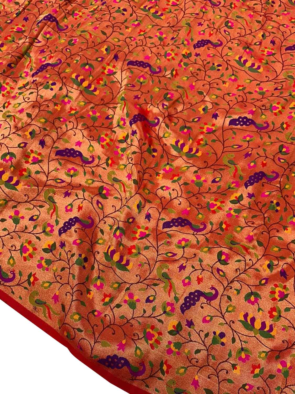Golden Paithani Brocade Silk Peacock And Flower Design Fabric ( 1 Mtr ) - Luxurion World