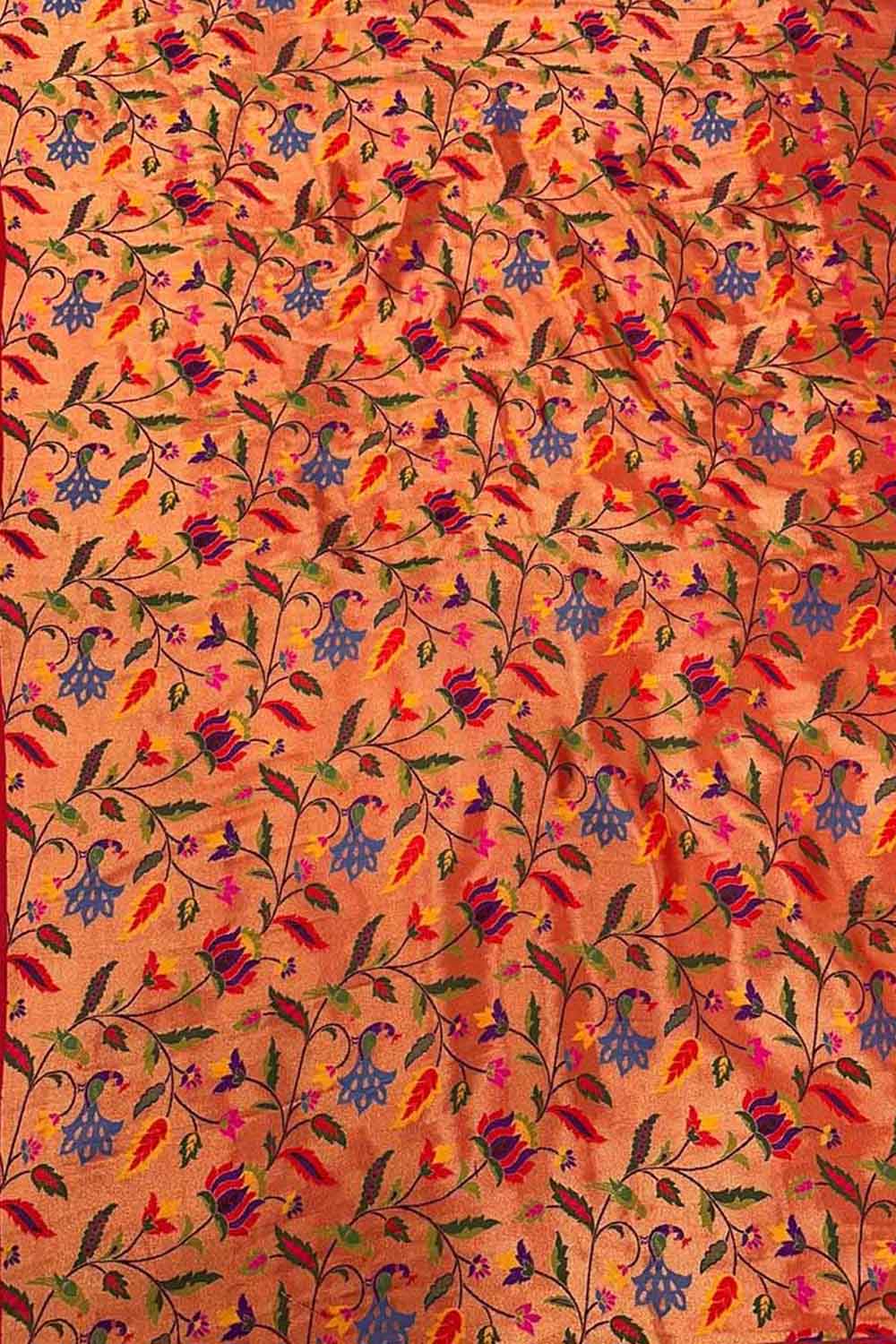 Golden Paithani Brocade Silk Peacock And Flower Jaal Design Fabric ( 1 Mtr ) - Luxurion World