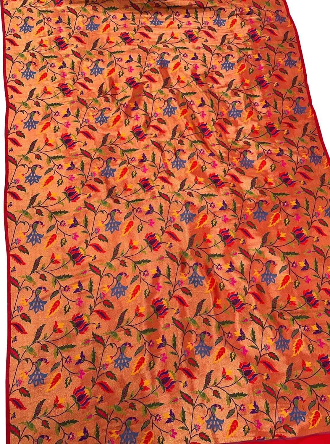 Golden Paithani Brocade Silk Peacock And Flower Jaal Design Fabric ( 1 Mtr ) - Luxurion World
