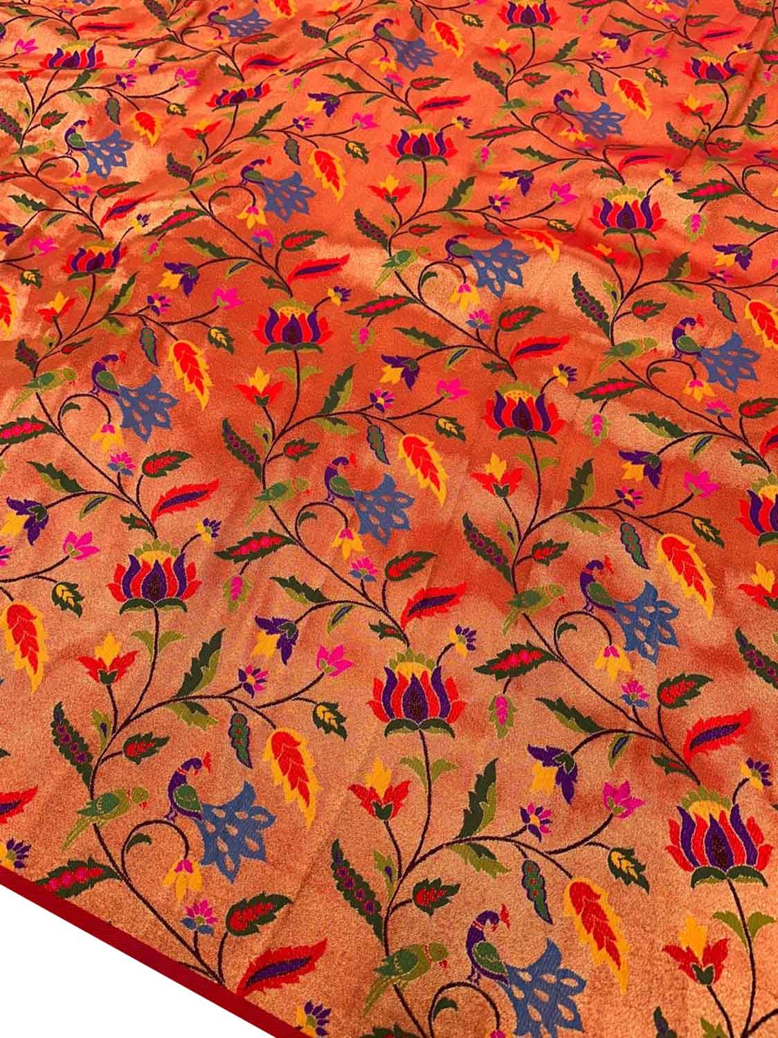 Golden Paithani Brocade Silk Peacock And Flower Jaal Design Fabric ( 1 Mtr ) - Luxurion World
