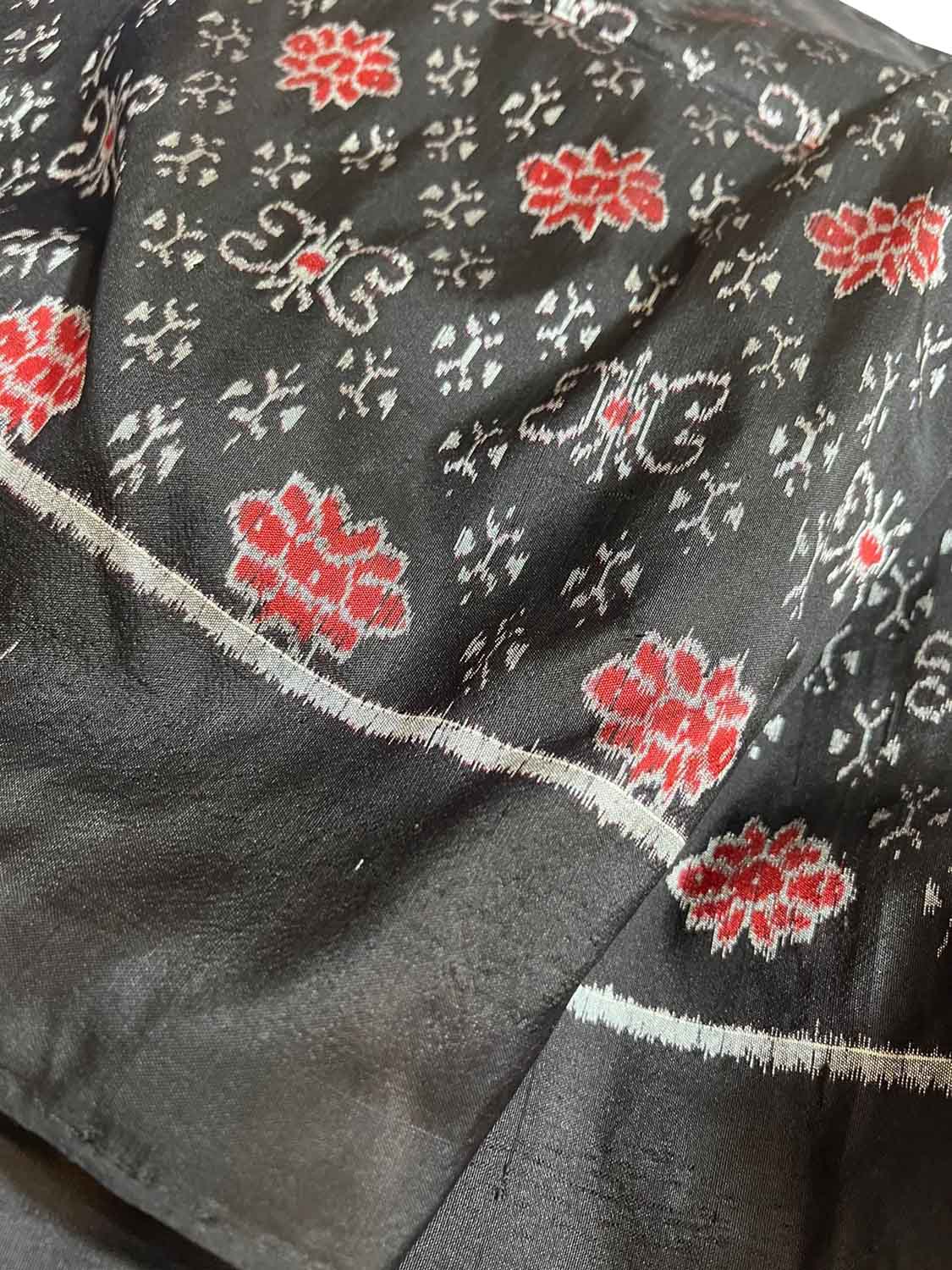 Black Sambalpuri Ikat Handloom Pure Silk Fabric ( 1 Mtr ) - Luxurion World