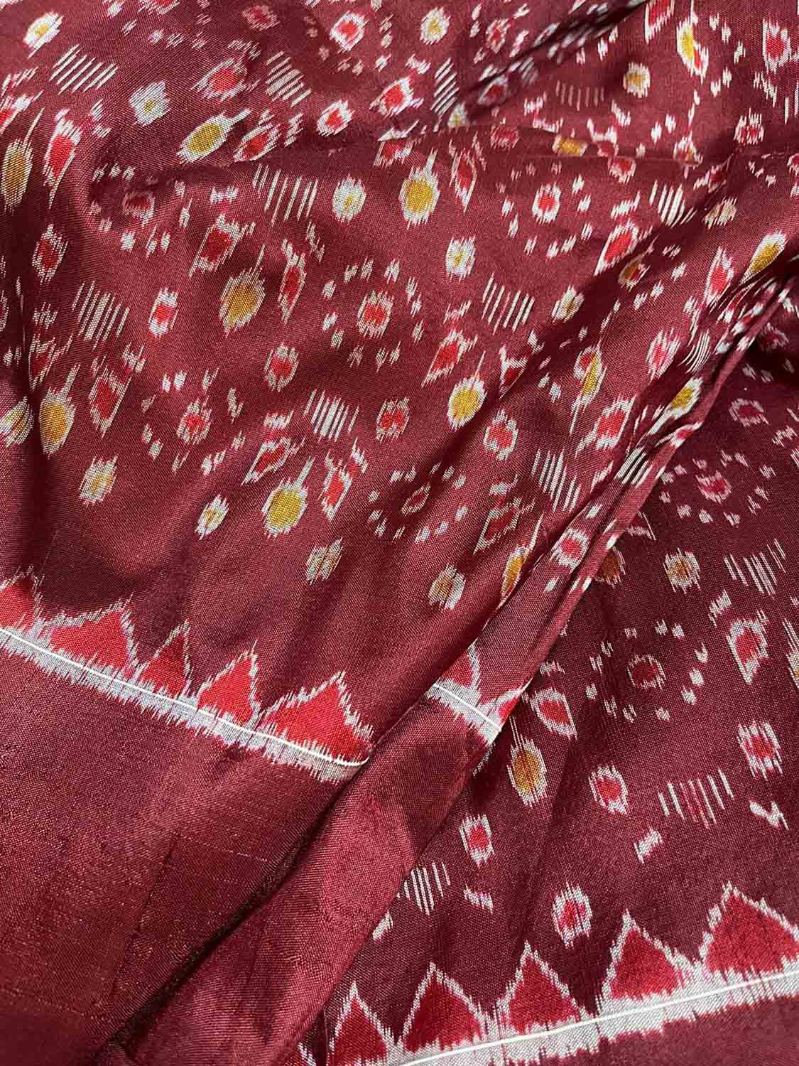 Maroon Sambalpuri Ikat Handloom Pure Silk Fabric ( 1 Mtr ) - Luxurion World