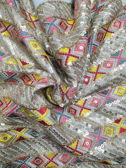 Stunning Multicolor Embroidered Georgette Fabric with Sequins (1 Mtr)