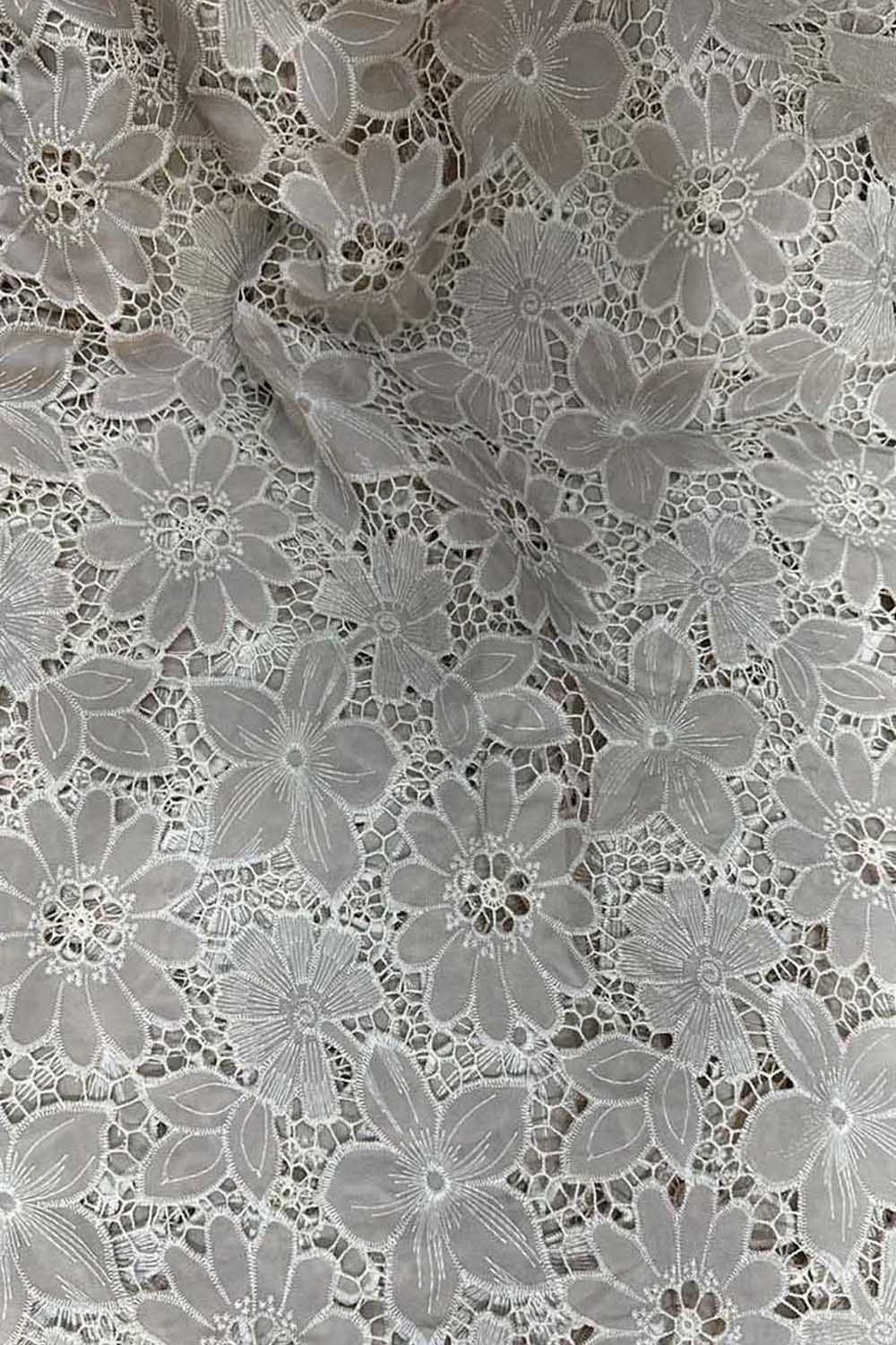 Grey Crochet Cut Work Embroidered Cotton Crepe Fabric - Luxurion World
