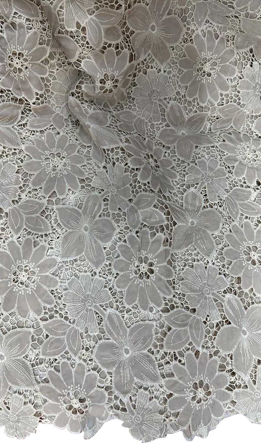 Grey Crochet Cut Work Embroidered Cotton Crepe Fabric - Luxurion World