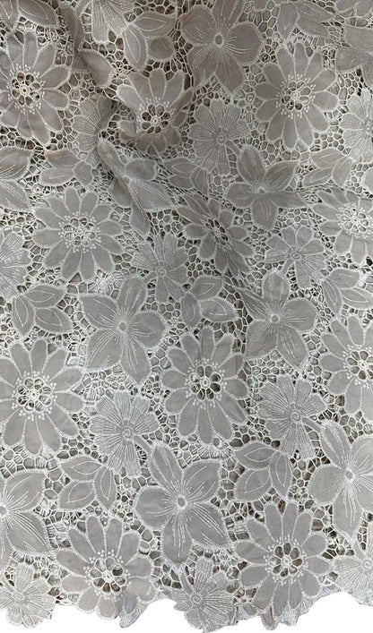Grey Crochet Cut Work Embroidered Cotton Crepe Fabric - Luxurion World