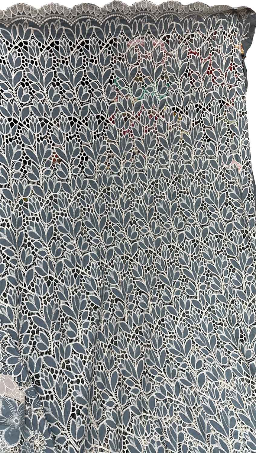 Grey Crochet Cut Work Embroidered Cotton Crepe Fabric - Luxurion World