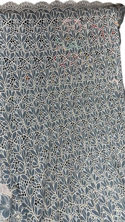 Grey Crochet Cut Work Embroidered Cotton Crepe Fabric - Luxurion World