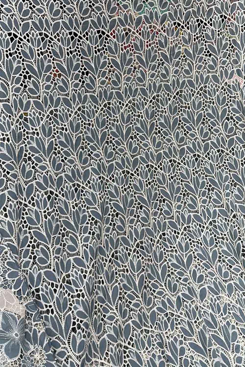 Grey Crochet Cut Work Embroidered Cotton Crepe Fabric - Luxurion World