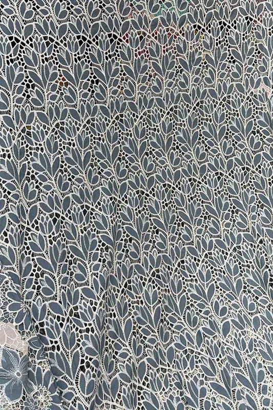 Grey Crochet Cut Work Embroidered Cotton Crepe Fabric - Luxurion World