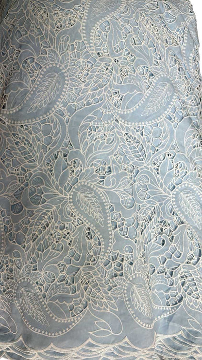 Blue Crochet Cut Work Embroidered Cotton Crepe Fabric - Luxurion World