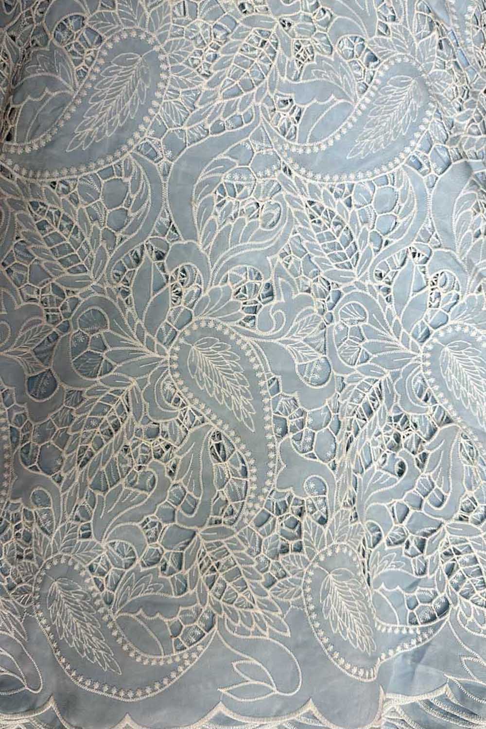 Blue Crochet Cut Work Embroidered Cotton Crepe Fabric - Luxurion World