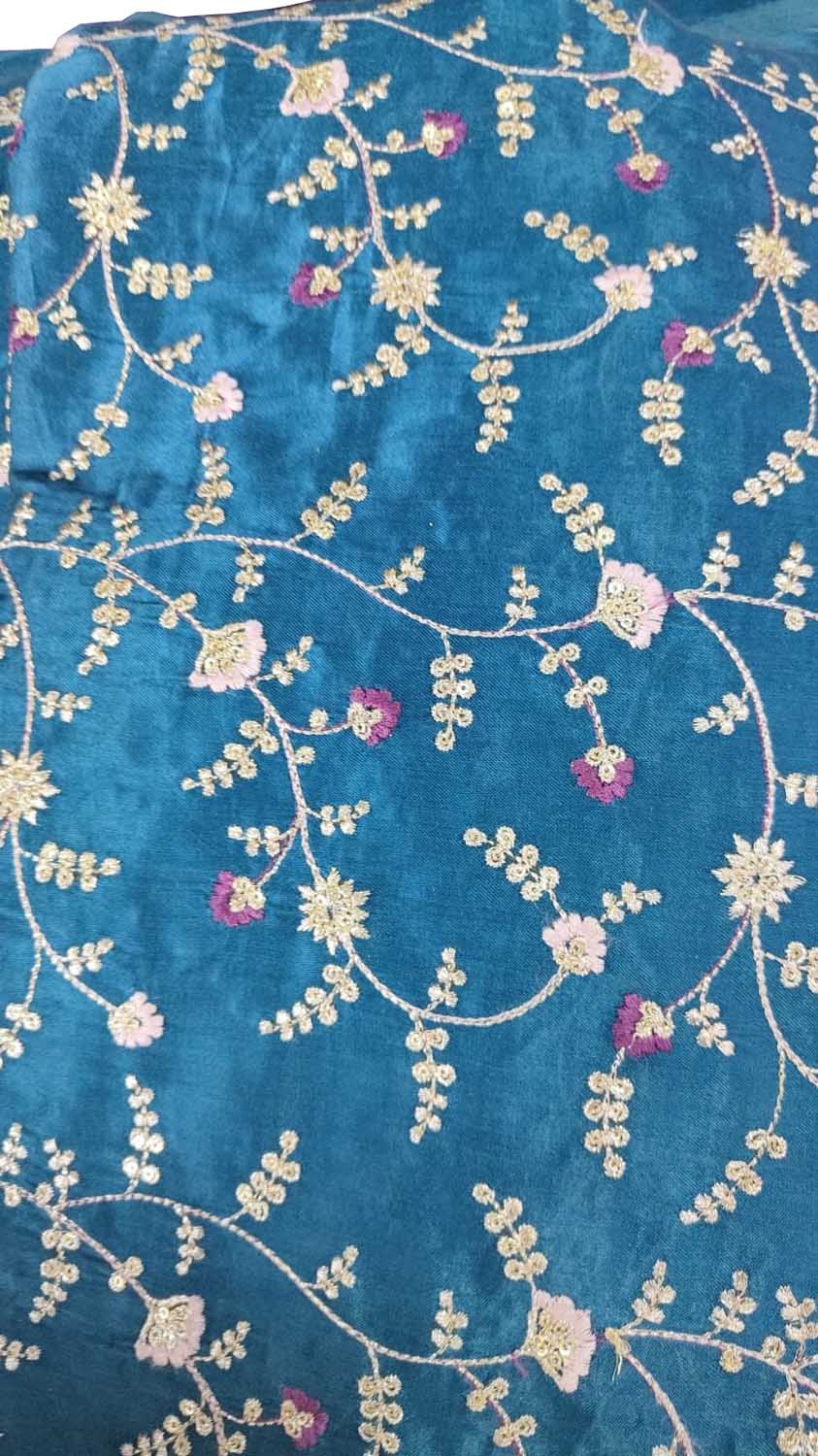 Blue Embroidered Gajji Silk: Stylish and Trendy Fabric ( 1 Mtr ) - Luxurion World