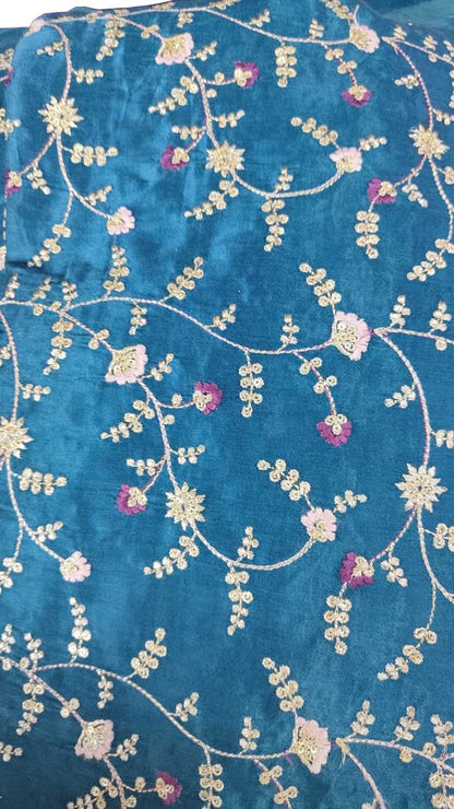 Blue Embroidered Gajji Silk: Stylish and Trendy Fabric ( 1 Mtr ) - Luxurion World