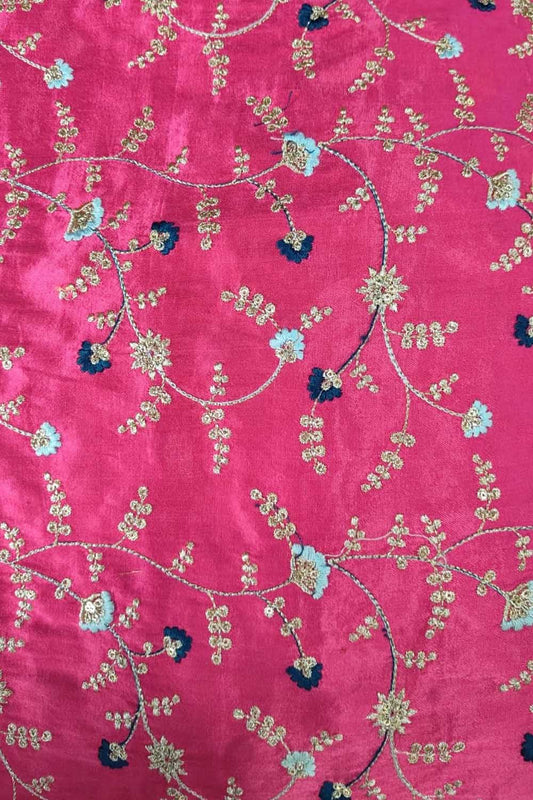 Stylish Pink Embroidered Gajji Silk Fabric ( 1 Mtr )