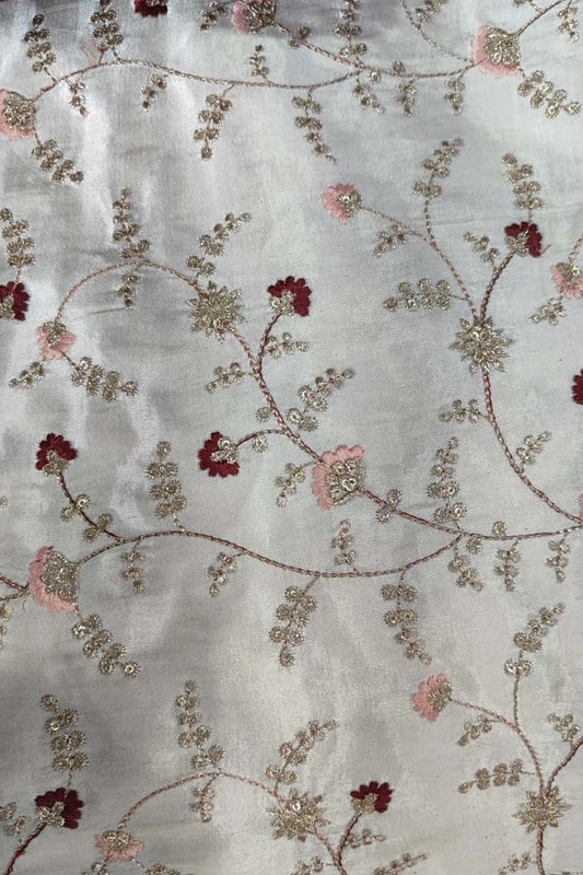 Chic Off White Embroidered Gajji Silk Fabric ( 1 Mtr )