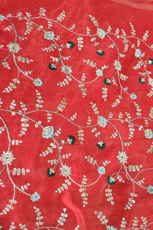 Stylish Red Embroidered Gajji Silk Fabric