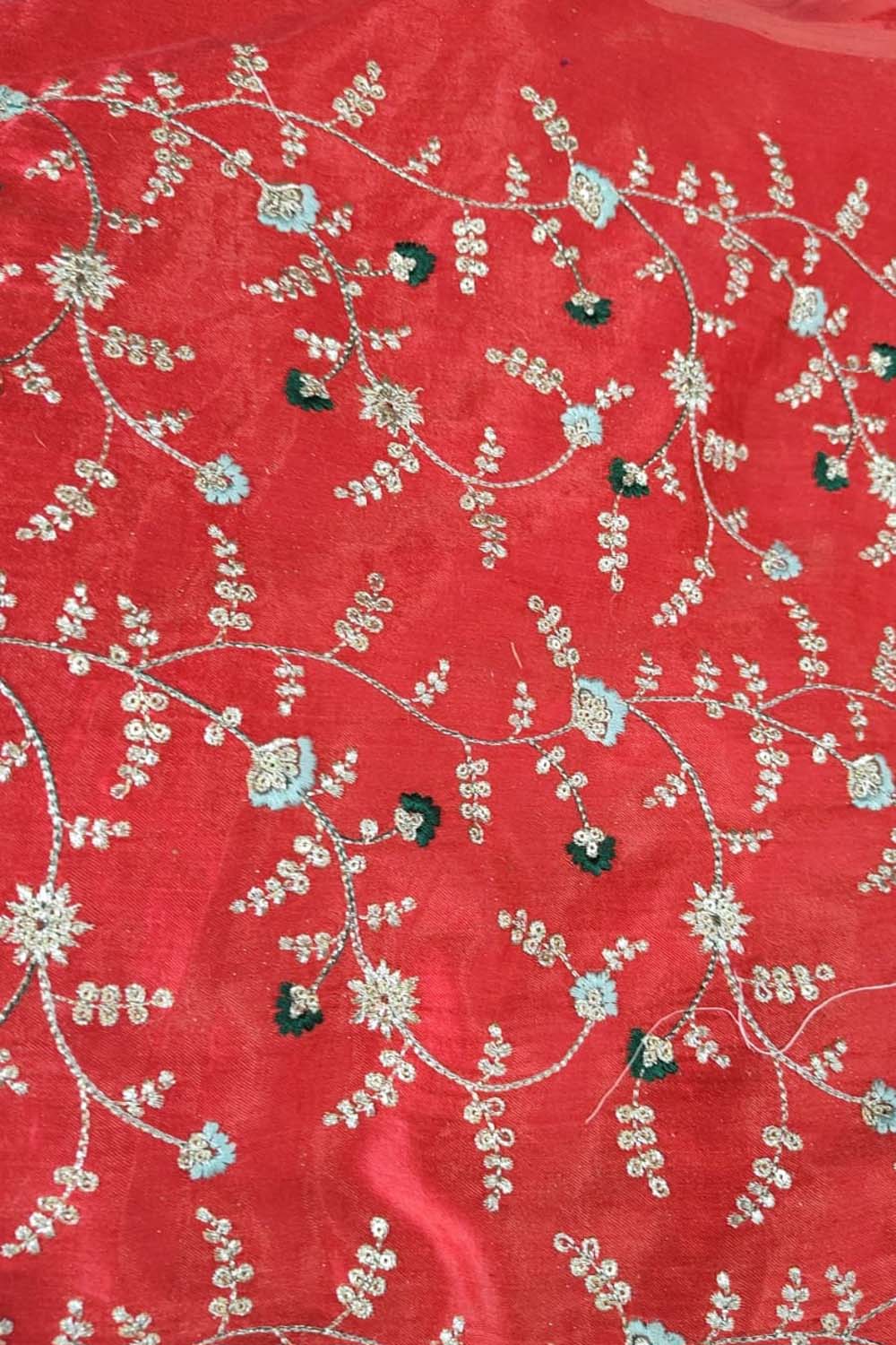 Stylish Red Embroidered Gajji Silk Fabric ( 1 Mtr ) - Luxurion World