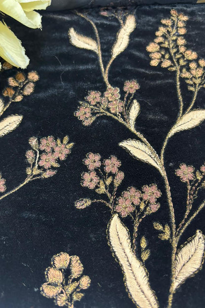 Black Trendy Velvet Embroidered Fabric ( 2.5 Mtr ) - Luxurion World