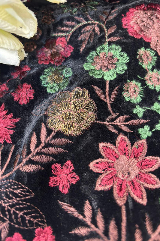 Black Trendy Velvet Embroidered Fabric ( 2.5 Mtr ) - Luxurion World
