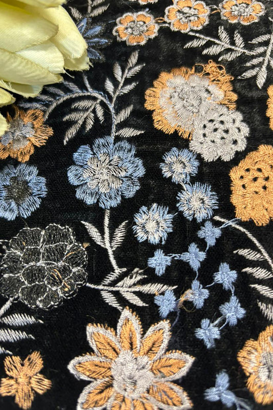 Black Trendy Velvet Embroidered Fabric ( 2.5 Mtr ) - Luxurion World